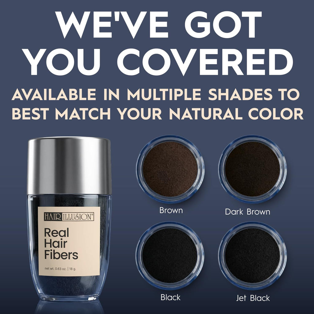 Hair Illusion Real Hair Fibers in Black, Brown, Dark Brown, and Jet Black. Premium imported for natural-looking results.