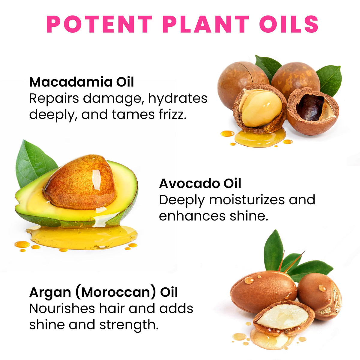 Premium imported hair oil capsules featuring macadamia, avocado, and argan oils for deep hydration and shine.