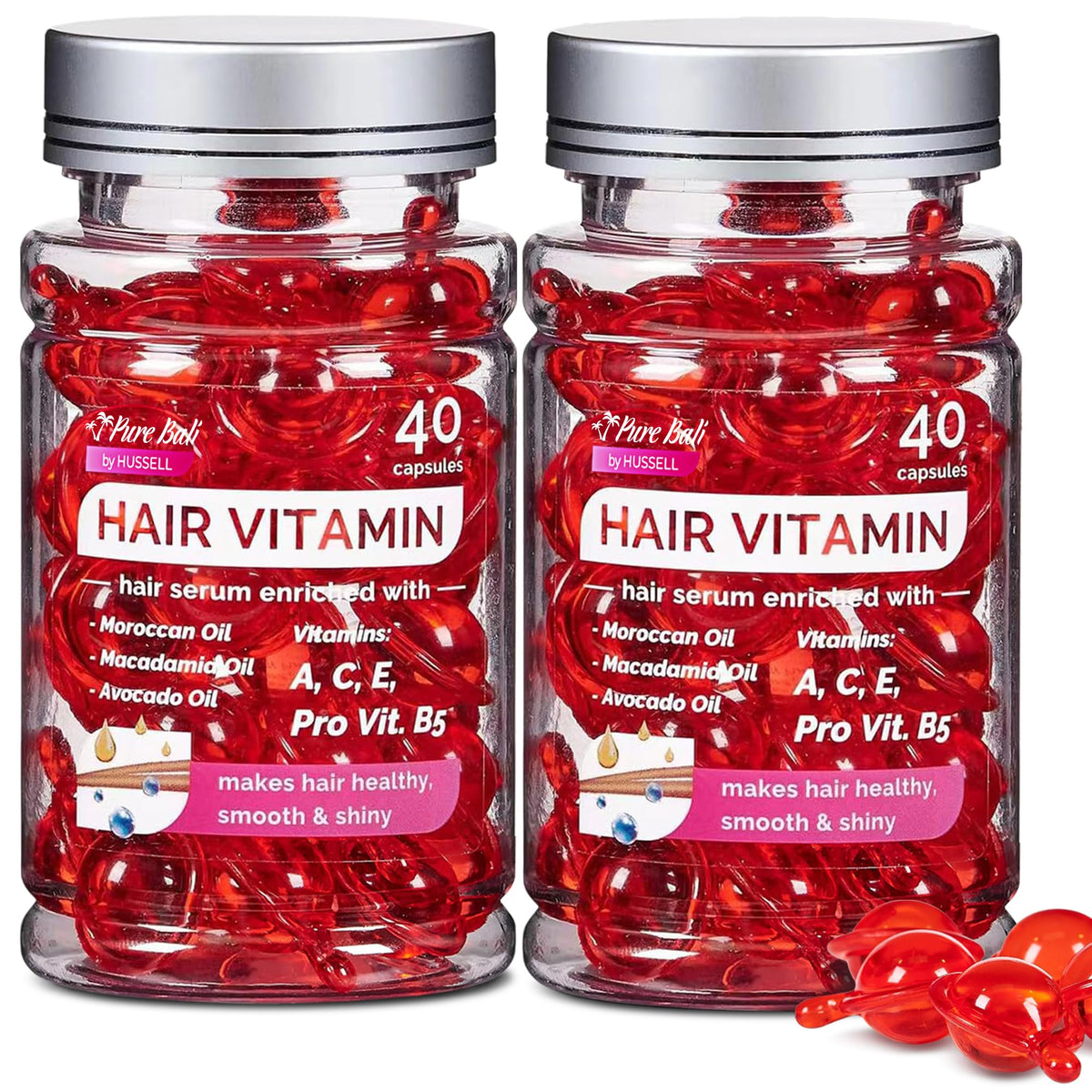 Authentic Hair Oil Capsules enriched with vitamins A, C, E, and B5 for healthy, shiny hair. 100% genuine product.