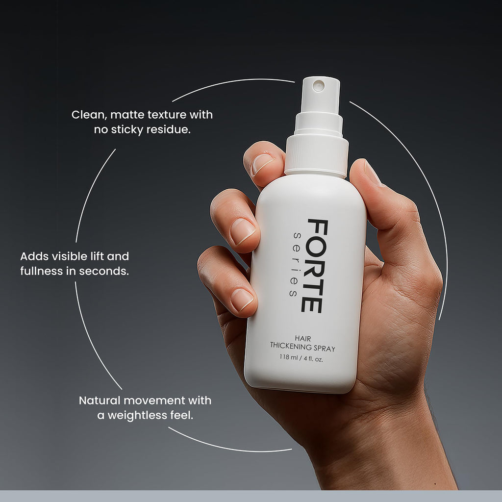 Forte Series Hair Thickening Spray, specially curated by Curat Cart, adds volume and lift with a clean, matte finish.