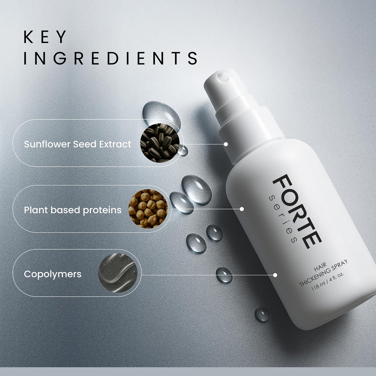 Forte Series Hair Thickening Spray in high-quality packaging, featuring key ingredients like sunflower seed extract. Available at Curat Cart.