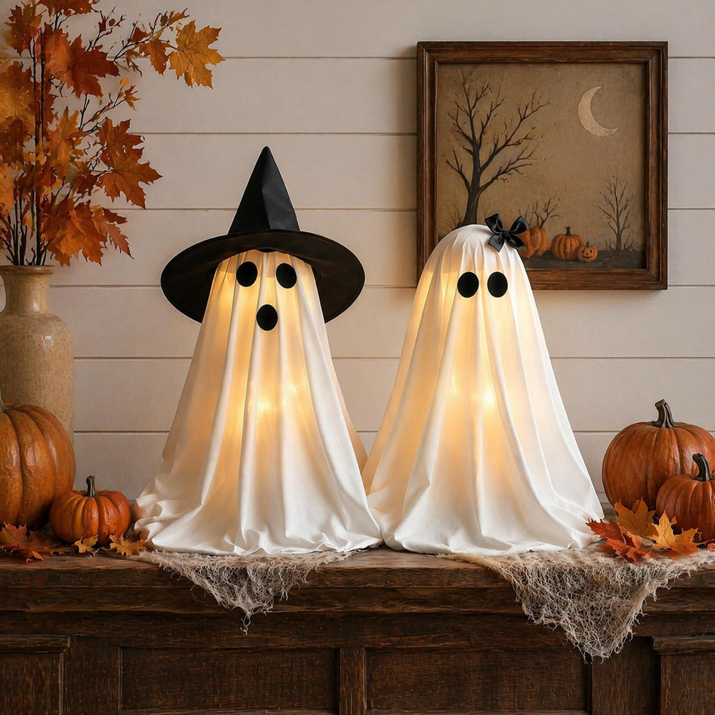 Light-Up Ghosts with Witch Hats create a spooky ambiance. Perfect for Halloween decor from Curat Cart.