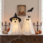 Charming light-up ghosts with witch hats, perfect for Halloween decor, available at Curat Cart in high-quality packaging.