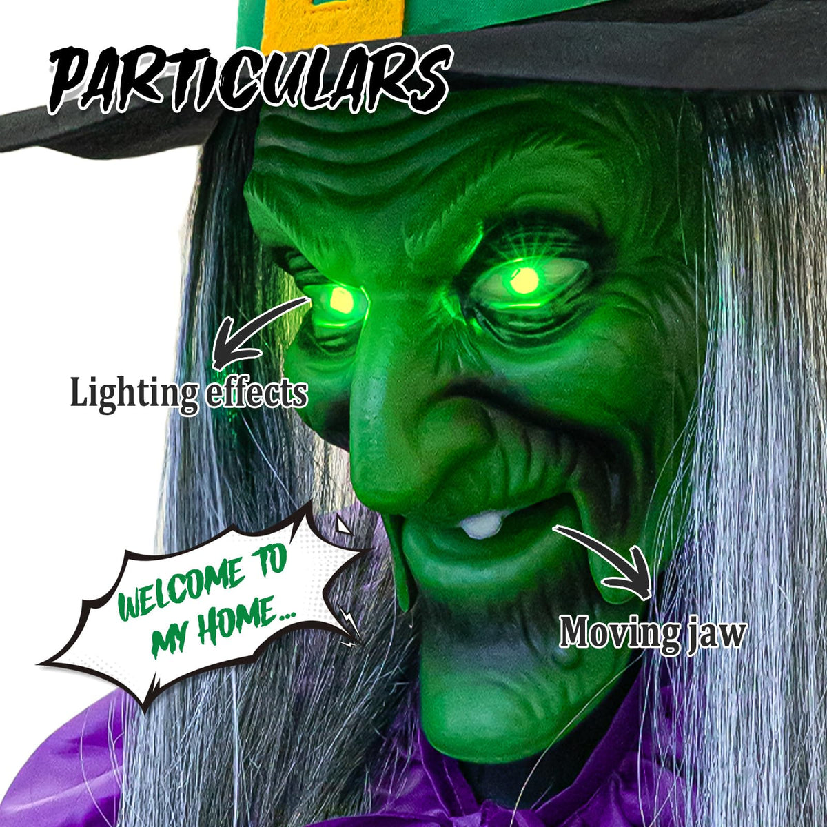 Detailed view of Animated Hovering Witch Decorations with green lighting effects and moving jaw, showcasing high-quality finish. Available at Curat Cart.