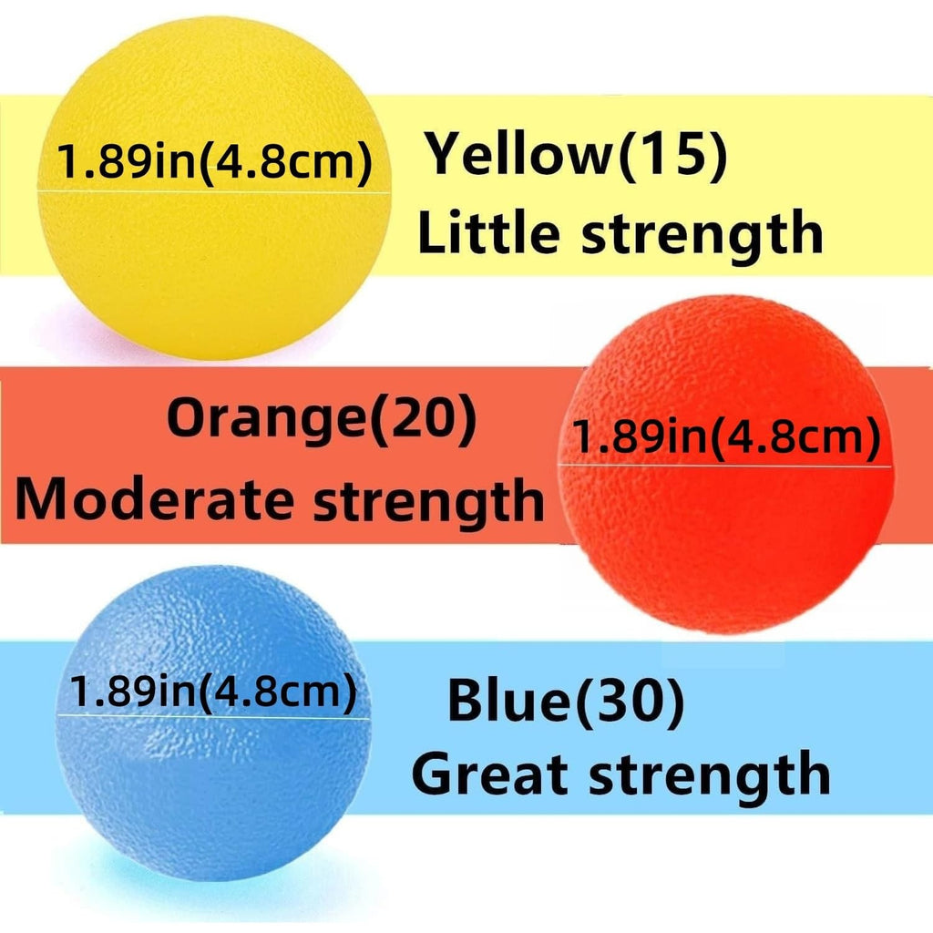 Hand Exercise Stress Squeeze Balls in vibrant colors, showcasing varying strengths. High-quality finish for effective grip. Available at Curat Cart.
