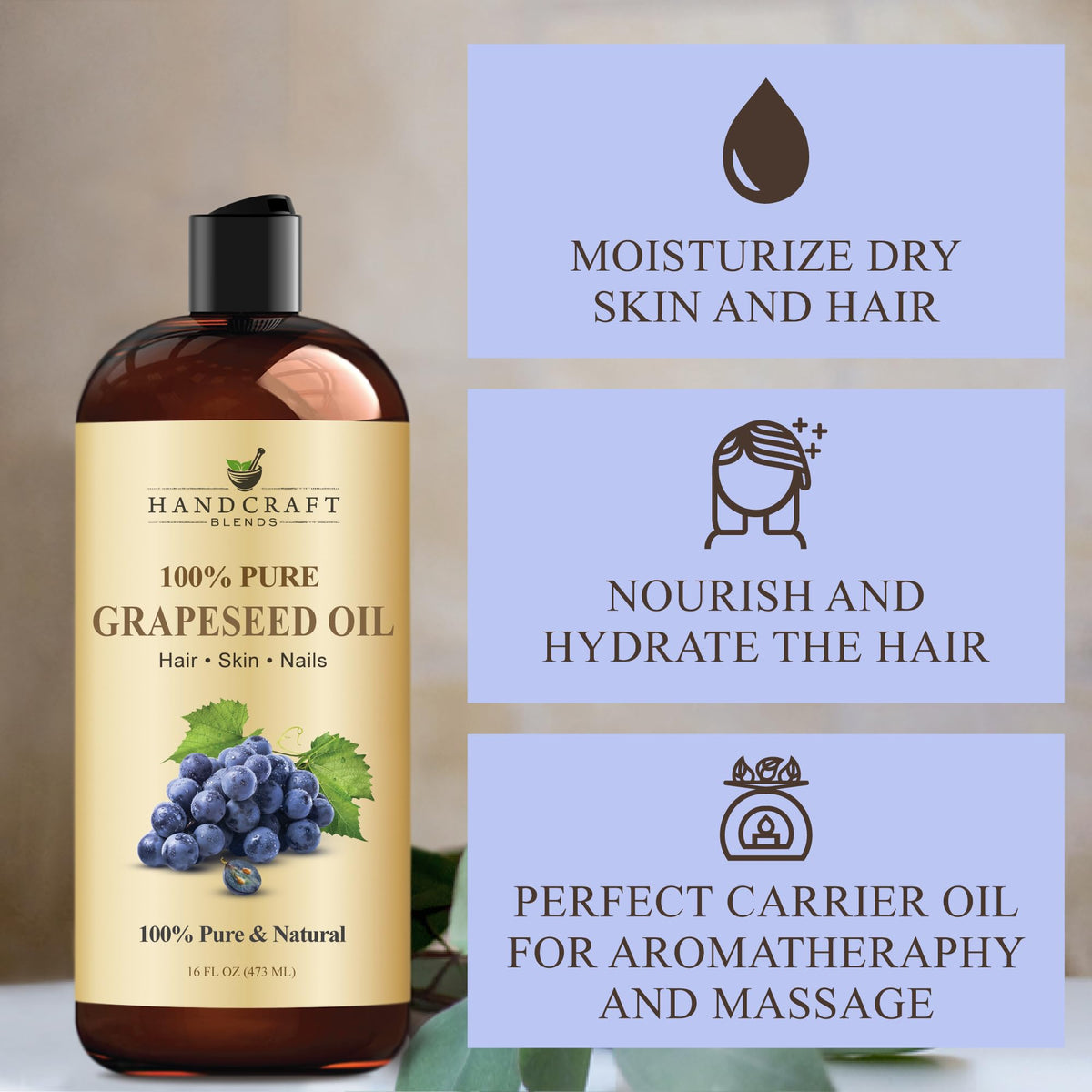 Handcraft Blends 100% Pure Grapeseed Oil for hair, skin, and nails in original packaging; ideal for moisturizing and hydration.