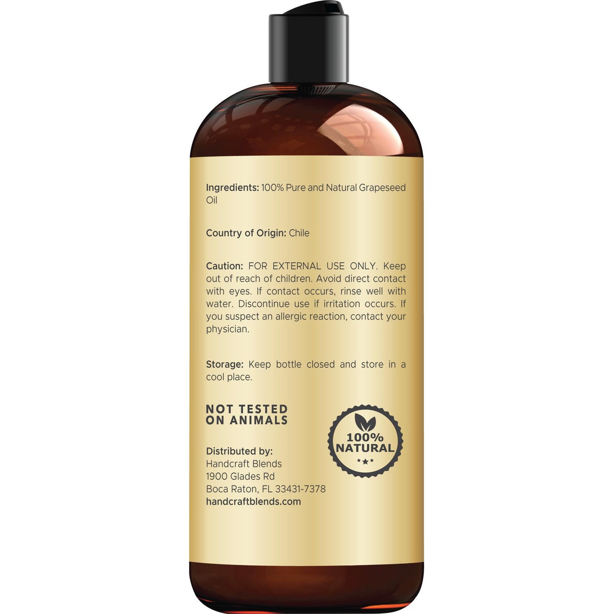 Premium imported grapeseed oil from Chile, 100% pure and natural. Ideal for skin and hair care. Not tested on animals.