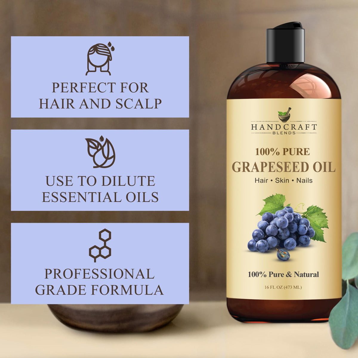 Handcraft Blends 100% pure grapeseed oil bottle, ideal for hair, skin, and nails. Verified by CuratCart for quality assurance.