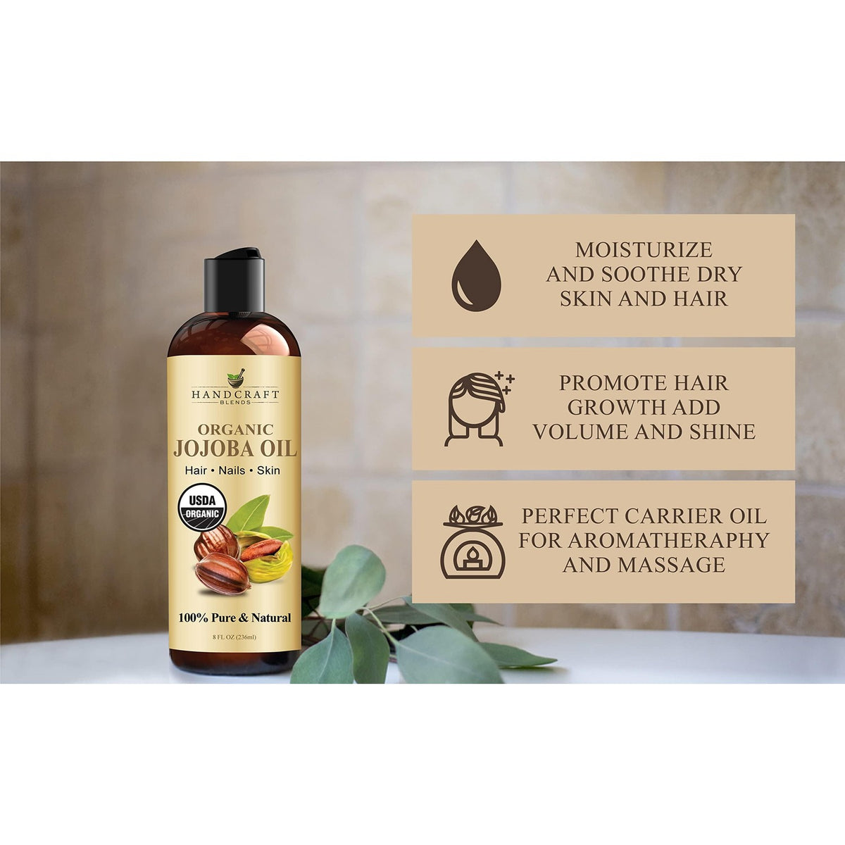 Handcraft Blends Jojoba Oil in stylish packaging, promoting moisture and shine for hair and skin. Perfect for aromatherapy.