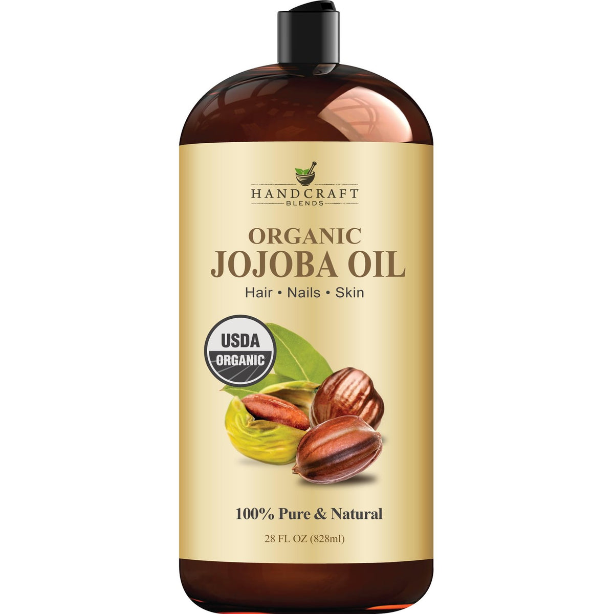 Handcraft Blends Organic Jojoba Oil, 100% pure and natural, ideal for hair, nails, and skin care. Official product packaging.