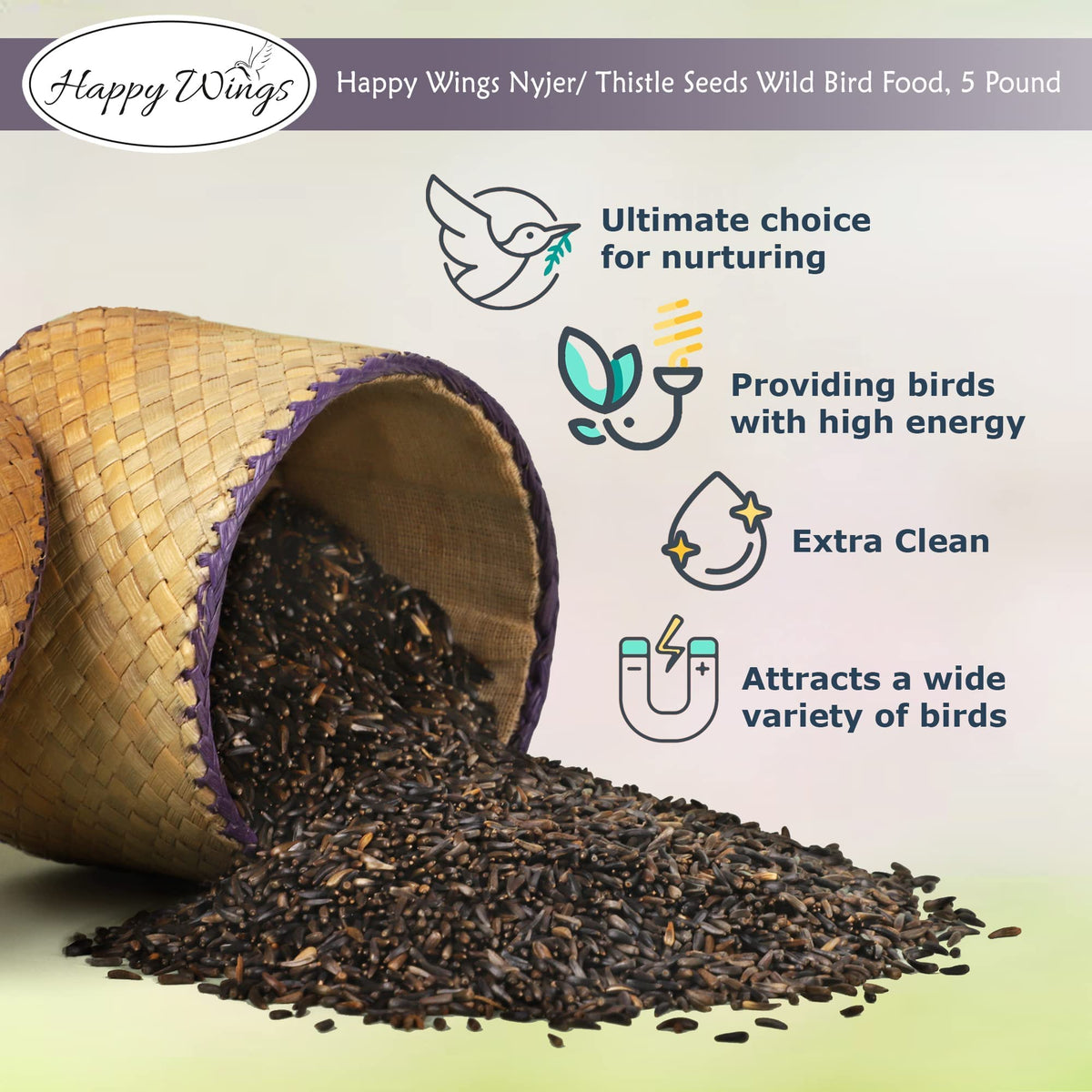 Happy Wings Thistle Seed Bird Food, specially curated by Curat Cart, attracts diverse birds with high energy and exceptional cleanliness.