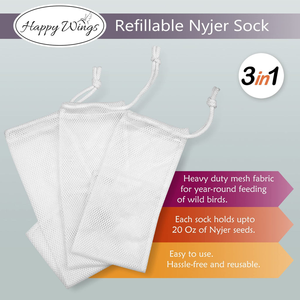 Happy Wings Thistle Seed Bird Food in refillable socks, ideal for year-round feeding. Perfect for attracting wild birds. Available at Curat Cart.