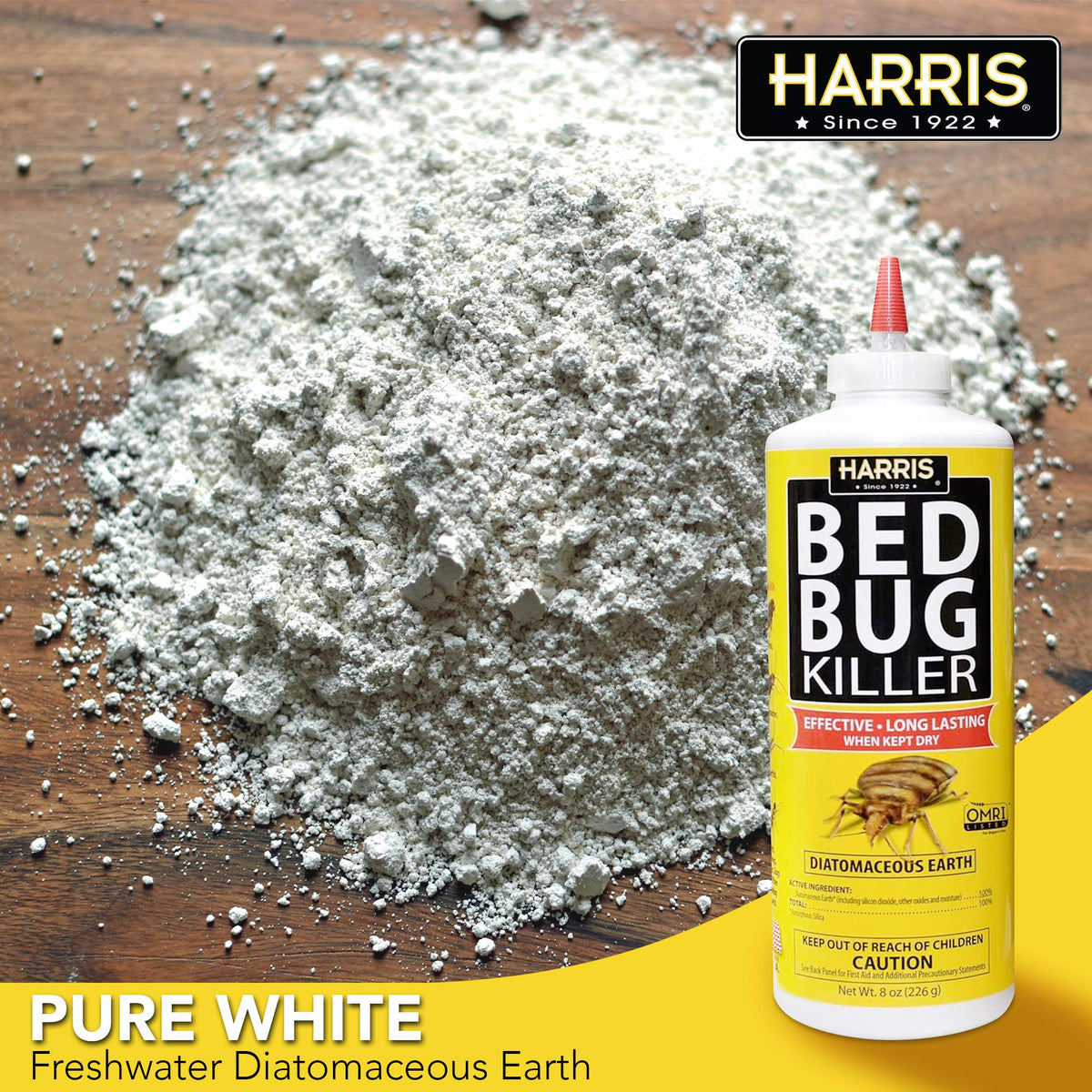 Harris Bed Bug Powder, a premium import featuring pure white diatomaceous earth for effective pest control. Available at Curat Cart.
