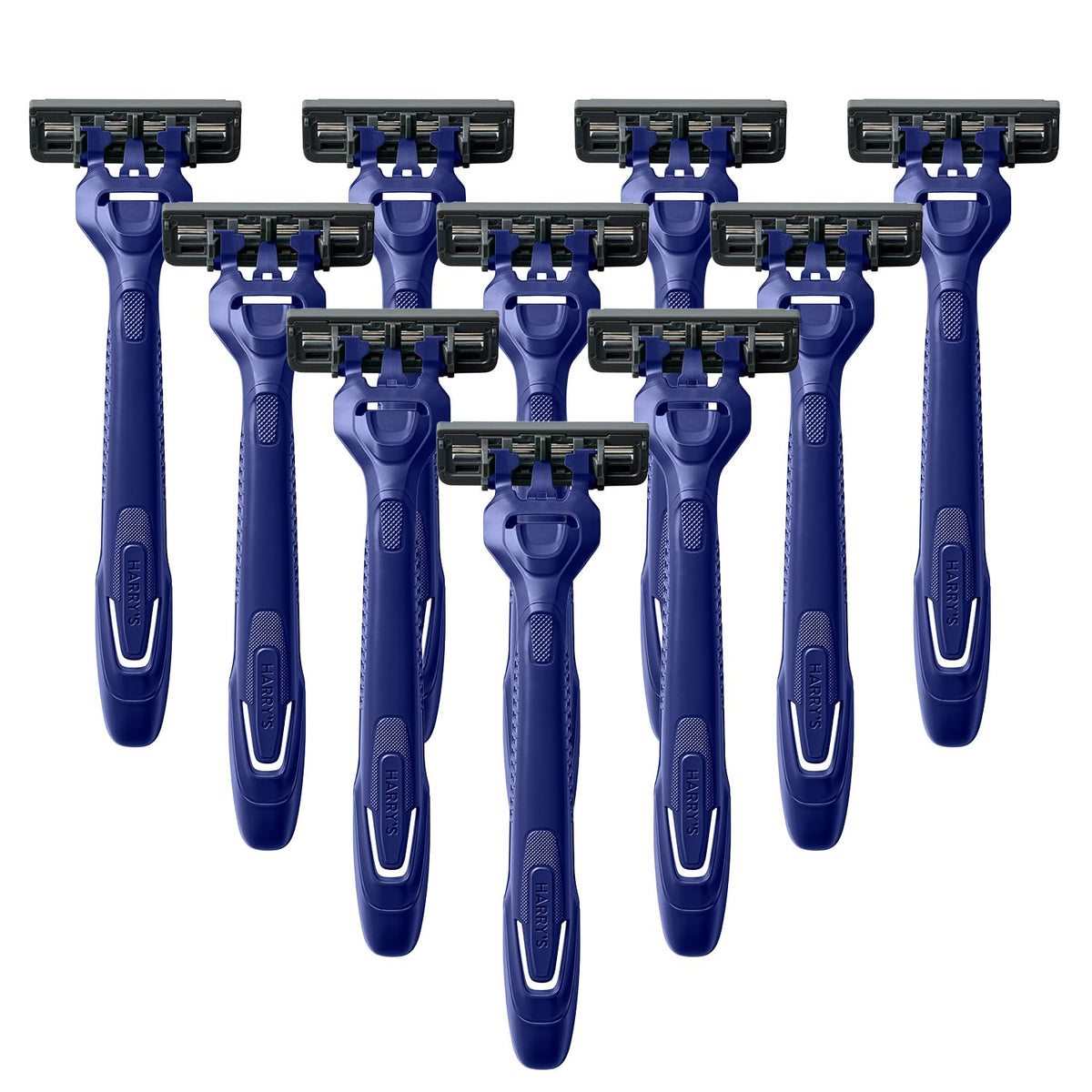 A pack of 10 authentic Harry's disposable razors designed for men, featuring a comfortable grip and precision blades.