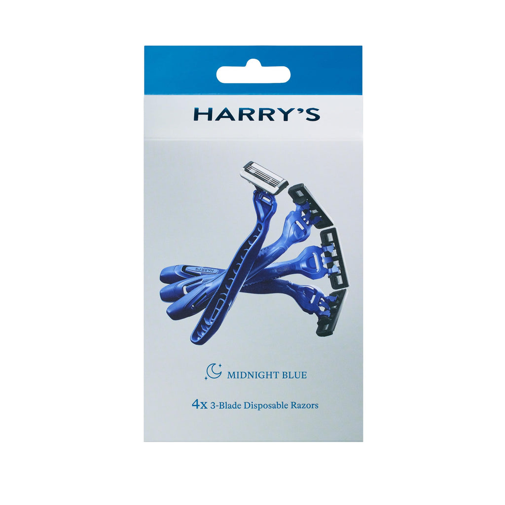 Harry's disposable razors in midnight blue. Includes 4 razors with 3 blades each. Premium quality for a smooth shave.