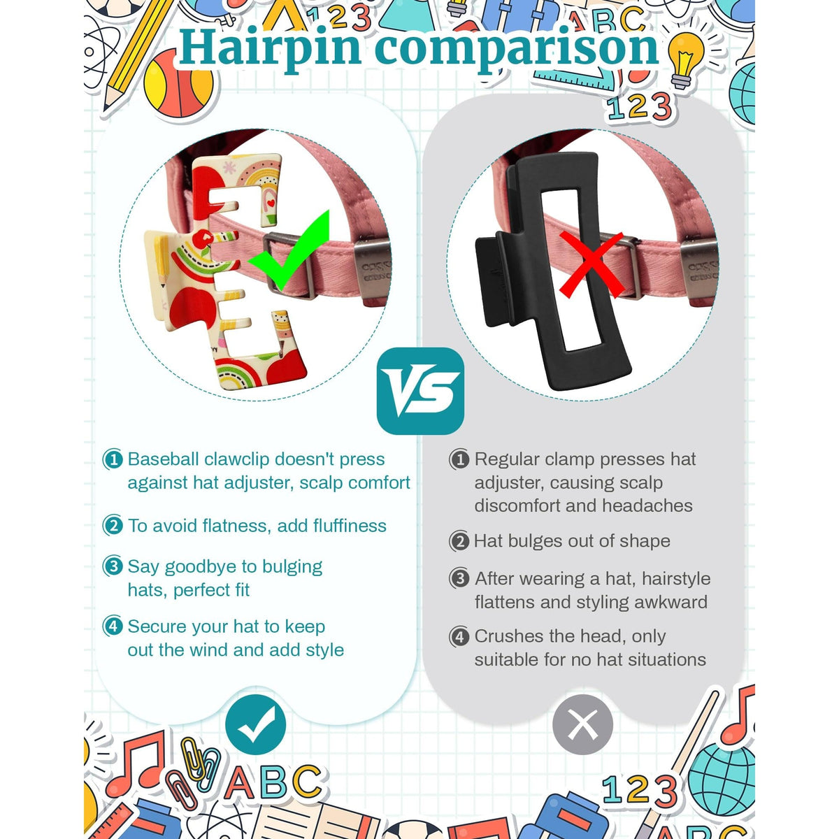 Features side-by-side comparison of hat-friendly claw clips emphasizing comfort and stability for hairstyles under caps.