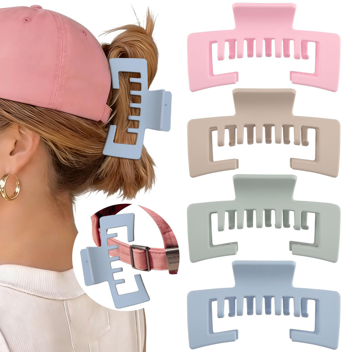 Set of stylish claw clips designed for wear with baseball caps. Available in multiple colors, perfect for a secure fit. Verified by CuratCart.