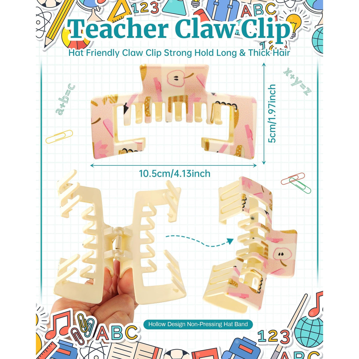 A pair of hat-friendly claw clips designed for thick hair. Strong hold with a non-pressing band. Verified by CuratCart.