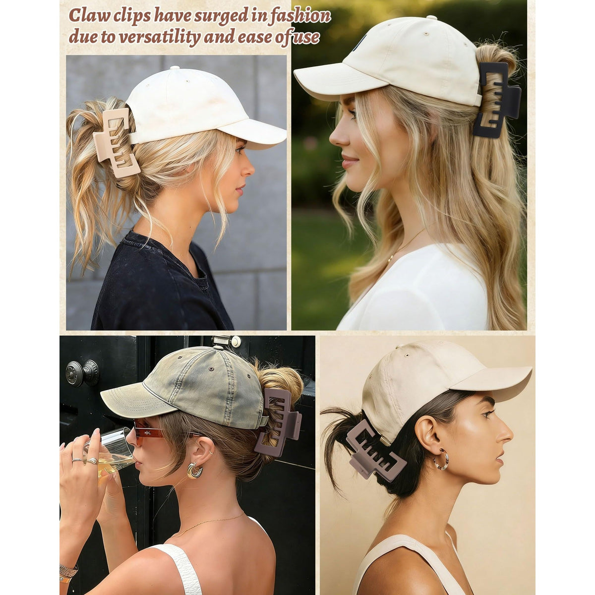 Feature versatile claw clips designed to complement baseball caps, stylishly holding hair in place for a chic look.