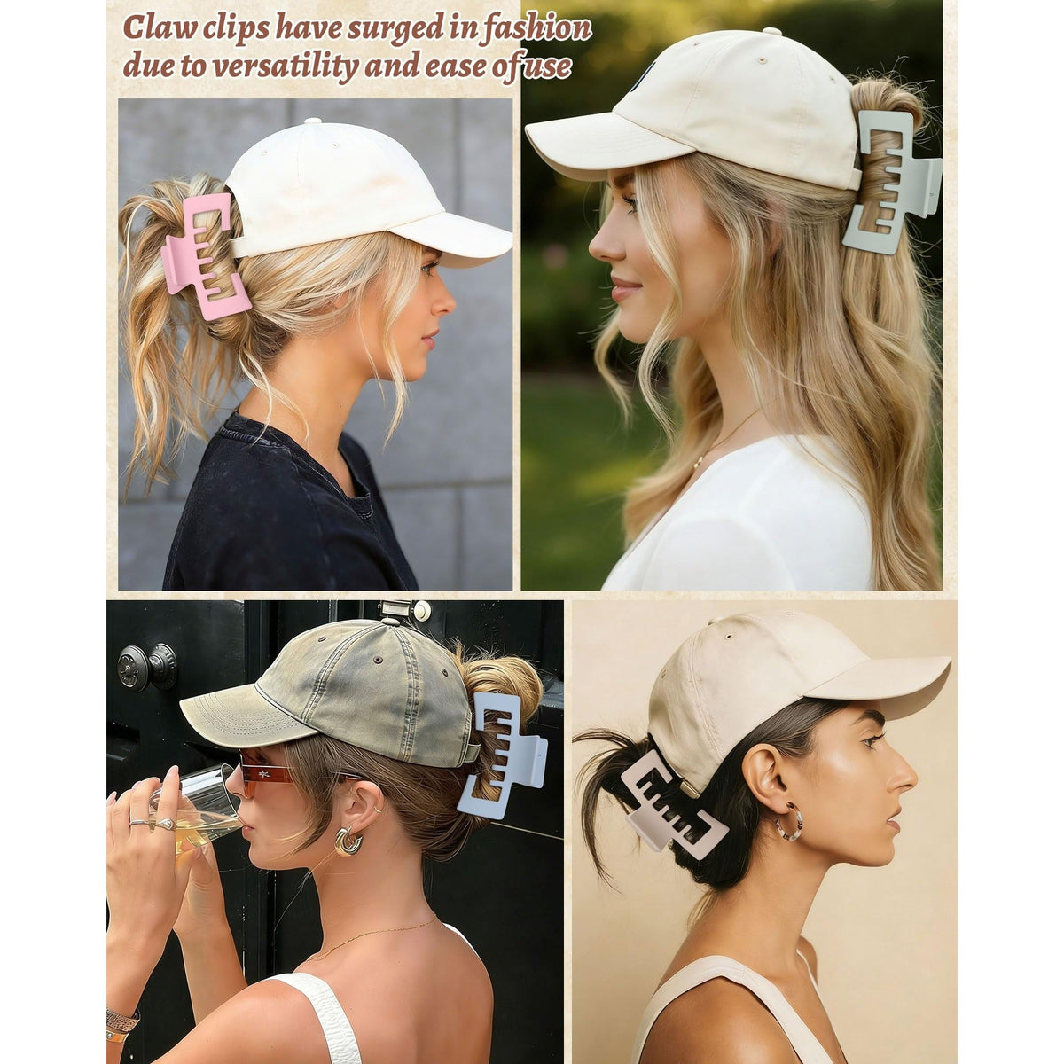 Authentic hat-friendly claw clips designed for baseball caps, showcasing versatile styles and ease of use.