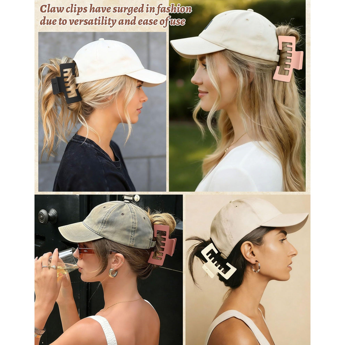 Premium imported claw clips designed for baseball caps. Versatile fashion accessory for easy styling with caps.