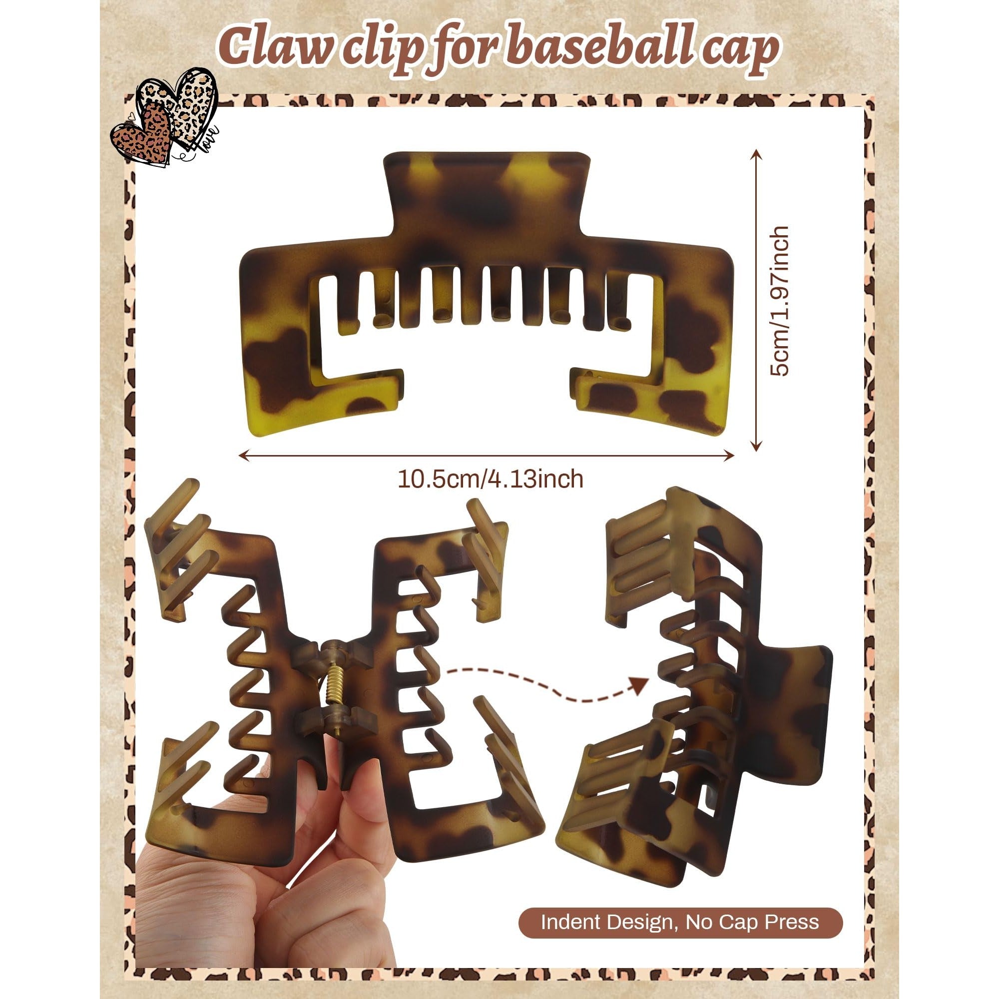 Two claw clips designed for baseball caps, featuring a trendy tortoiseshell pattern. No cap press, stylish and secure.