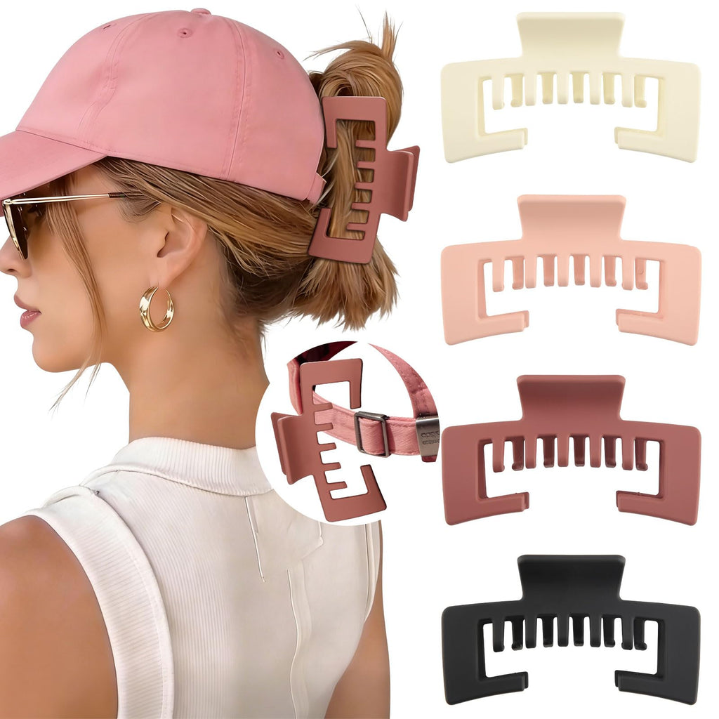 Four stylish claw clips in various colors, designed for use with baseball caps, model wearing a pink cap showcasing ease of use.