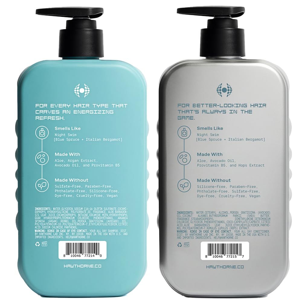 Hawthorne Men's Thickening Shampoo and Conditioner, available for order online. Refreshing scent and vegan-friendly.