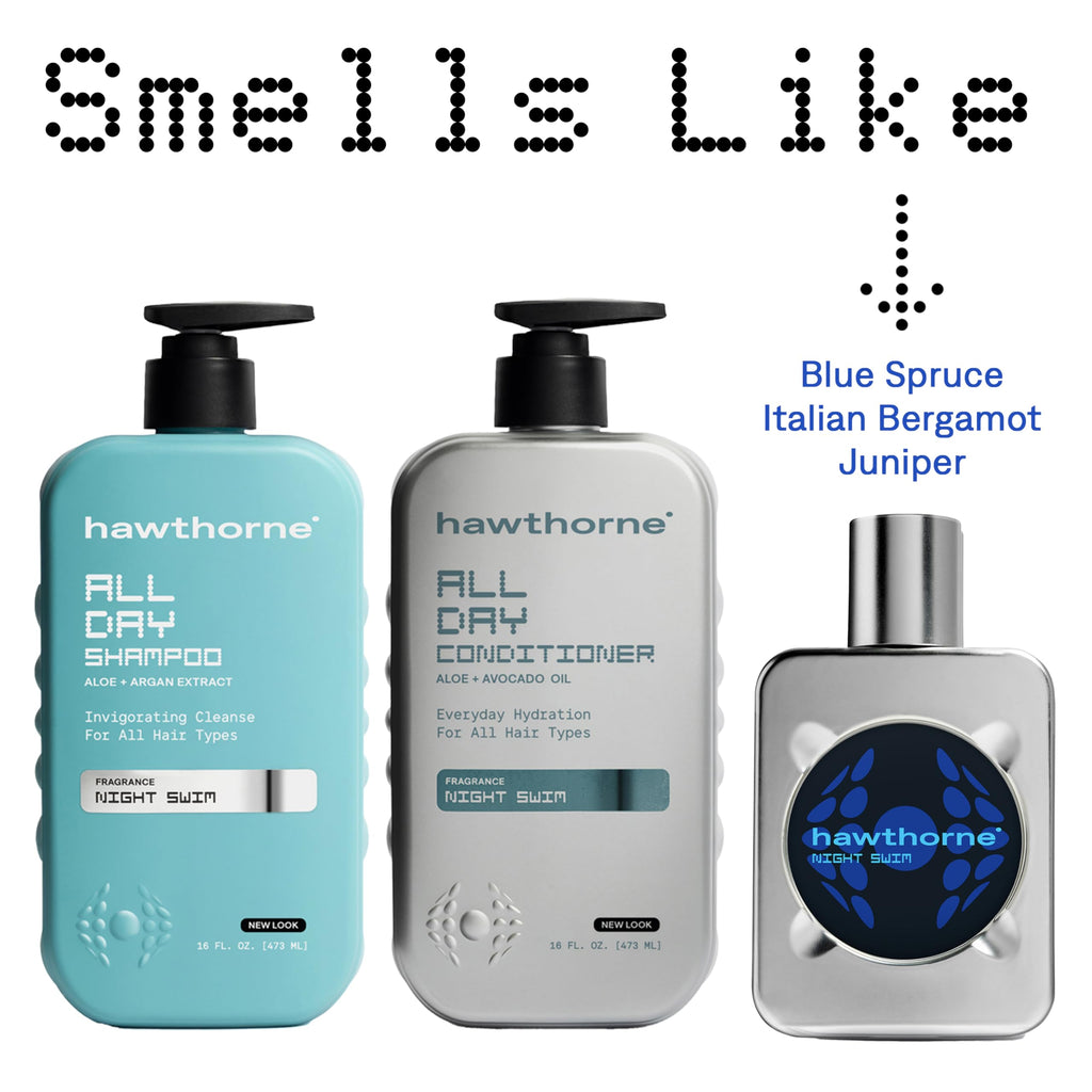 Authentic Hawthorne Men's Thickening Shampoo and Conditioner. Botanical scent of blue spruce, bergamot, and juniper.