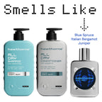 Authentic Hawthorne Men's Thickening Shampoo and Conditioner. Botanical scent of blue spruce, bergamot, and juniper.