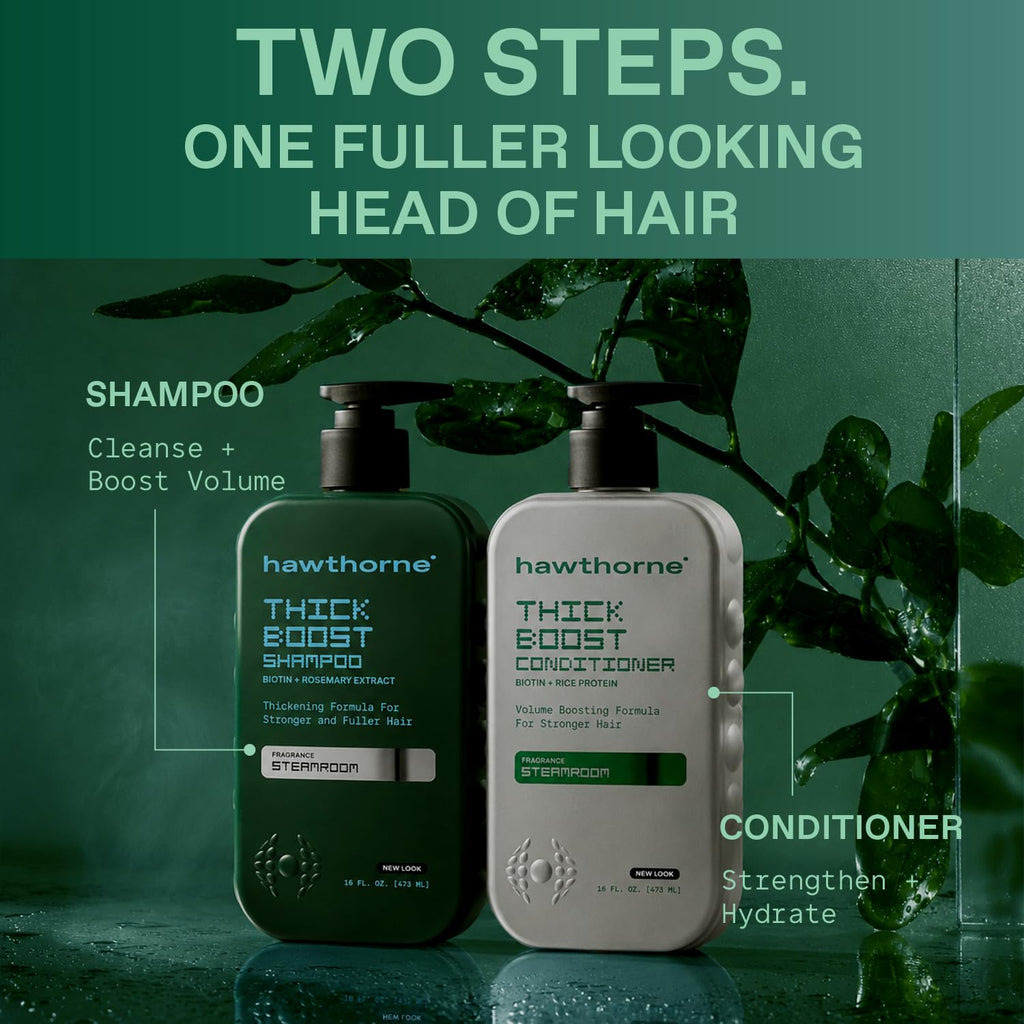 Hawthorne Thickening Shampoo & Conditioner. Order online for fuller, stronger hair. Available now!