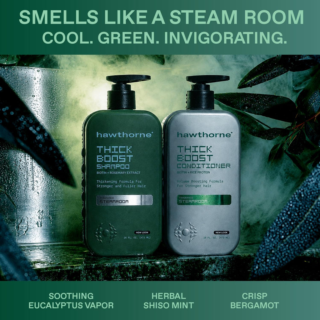 Discover Hawthorne’s Thick Boost Shampoo & Conditioner, available for order online. Revitalize your hair with invigorating ingredients.
