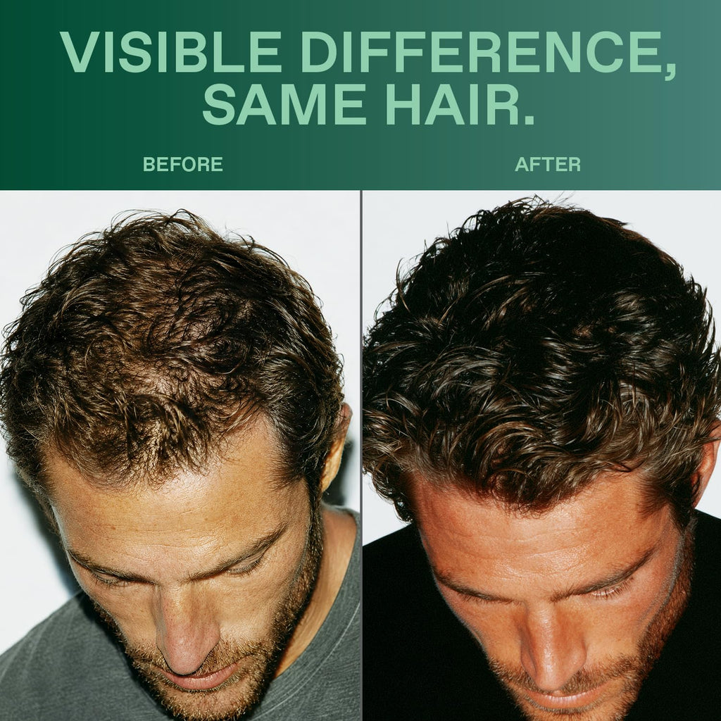 Side-by-side comparison showing 'before' and 'after' results of Hawthorne Men's Thickening Shampoo & Conditioner for enhanced volume.