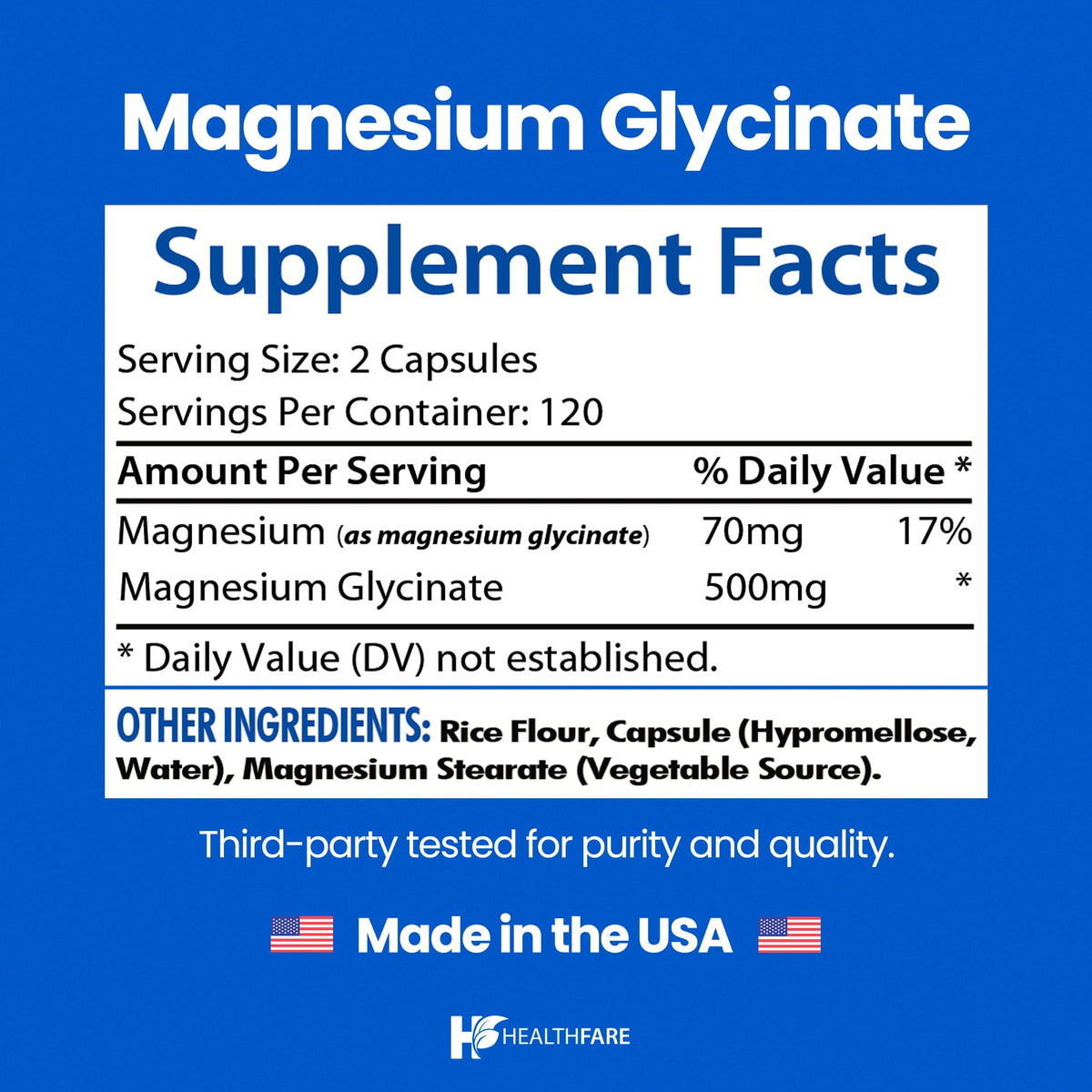 HealthFare Magnesium Glycinate supplement facts displayed on high-quality packaging, available at Curat Cart for premium health solutions.