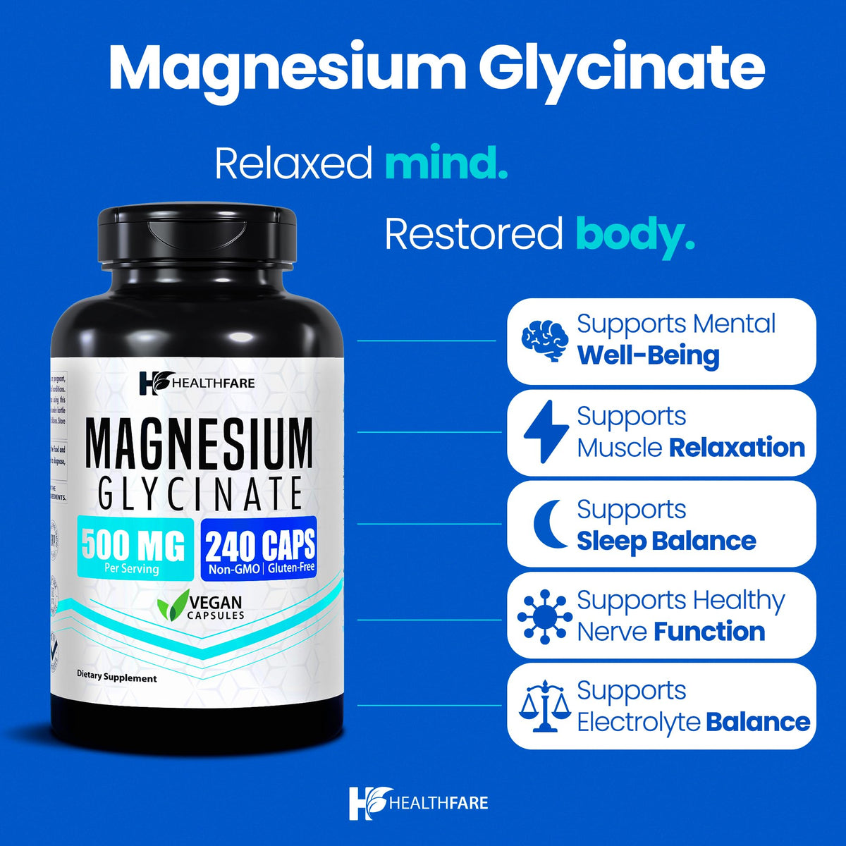 HealthFare Magnesium Glycinate supports mental well-being and muscle relaxation. 100% Authentic, available at Curat Cart.