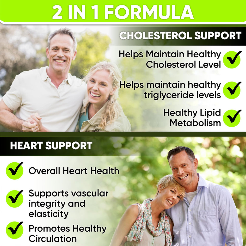 Cholesterol supplements promoting heart health with 2-in-1 formula. Available in India at Curat Cart, 100% Authentic.