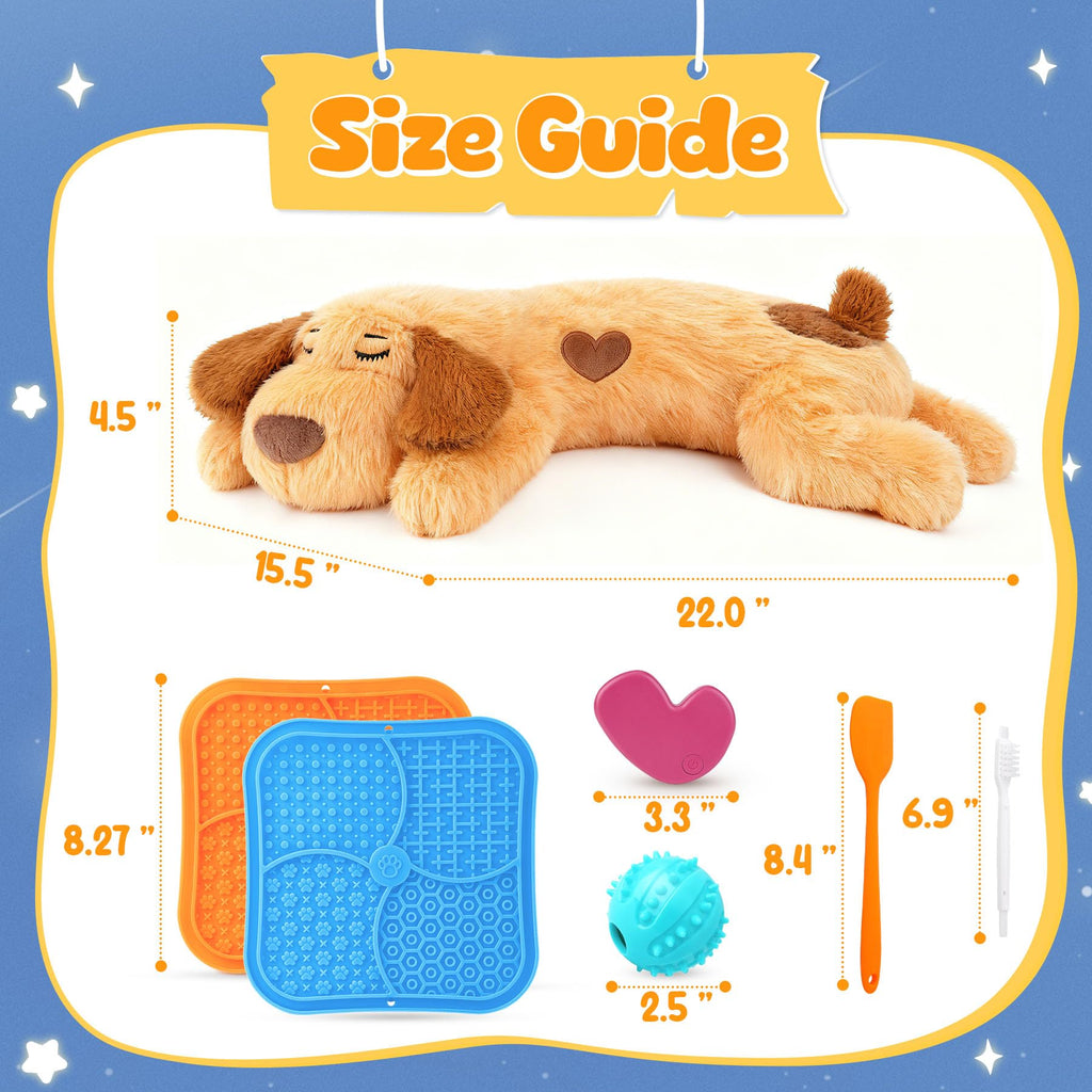 The Heartbeat Puppy Calming Set features high-quality plush, calming toys, and a detailed size guide, available at Curat Cart.