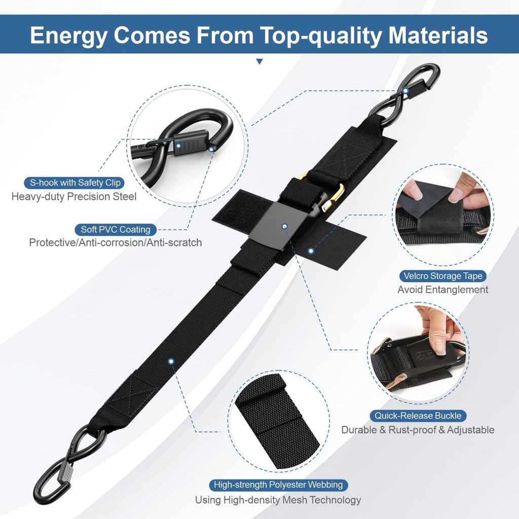 Heavy-duty boat tie down straps with high-strength polyester webbing, showcasing premium quality materials. Available at Curat Cart.