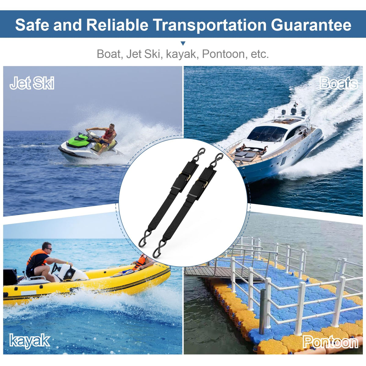 Heavy-duty boat tie down straps showcased in diverse watercraft settings, specially curated by Curat Cart for secure transport.