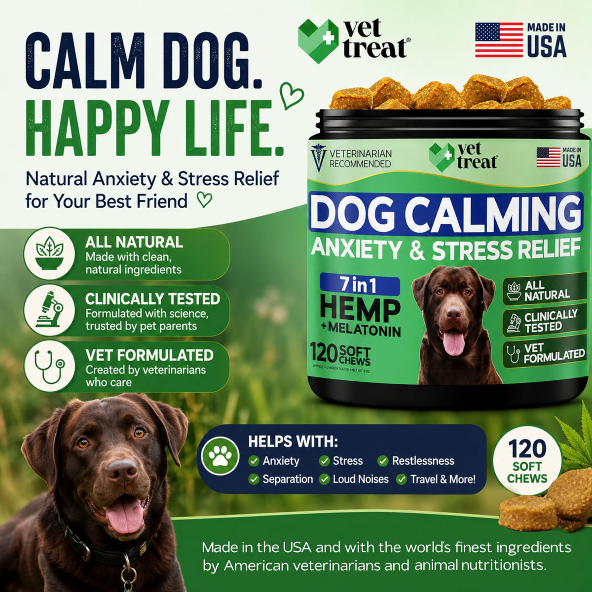 Hemp Calming Chews for Dogs in official packaging, promoting anxiety relief and stress management. Available at Curat Cart.