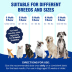 Hemp Calming Chews for Dogs infographic showing dosage for various breeds, highlighting quality and effectiveness. Available at Curat Cart.