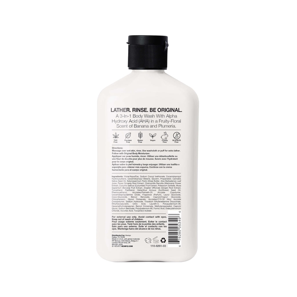 Hempz Body Wash in a sleek bottle, features Sweet Pineapple & Hone fragrance. Emphasizes natural ingredients and originality.