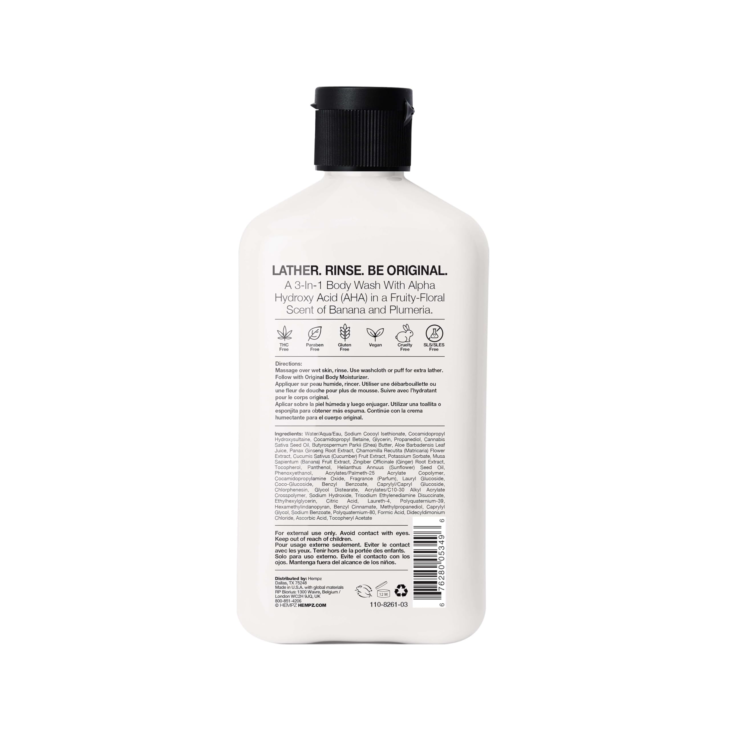 Hempz Body Wash in a sleek bottle, features Sweet Pineapple & Hone fragrance. Emphasizes natural ingredients and originality.