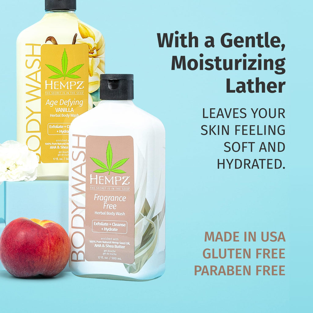 Hempz Body Wash with Sweet Pineapple & Honey, made in the USA, gluten-free, paraben-free for soft, hydrated skin.