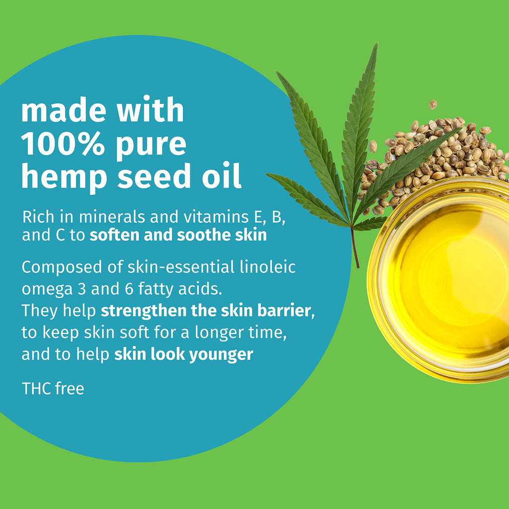 Hempz Body Wash featuring 100% pure hemp seed oil, rich in vitamins E, B, and C for soft, youthful skin. THC-free.