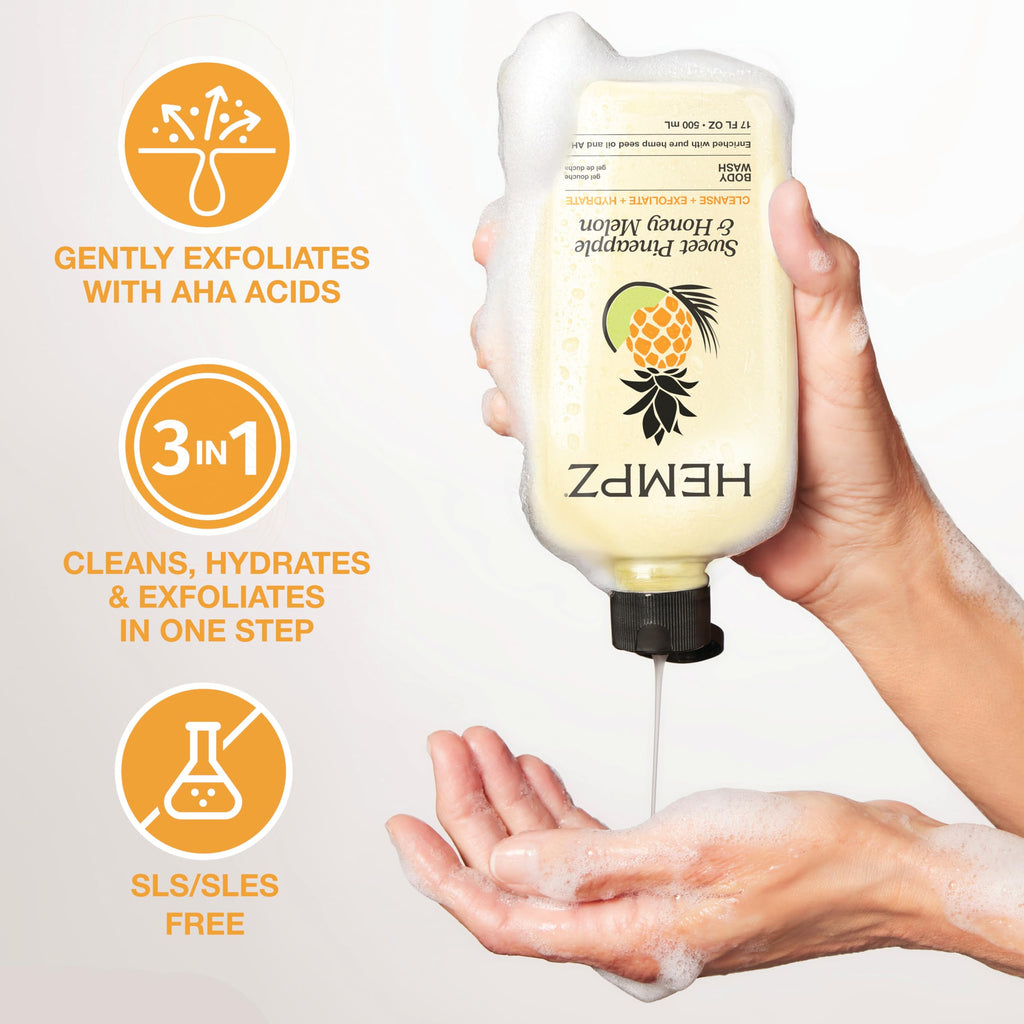 Premium imported Hempz Body Wash - Sweet Pineapple & Honey. Cleans, hydrates, and exfoliates with AHA. SLS/SLES free.