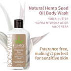 Authentic Hempz Body Wash with natural ingredients, including shea butter and aloe vera, fragrance free for sensitive skin.