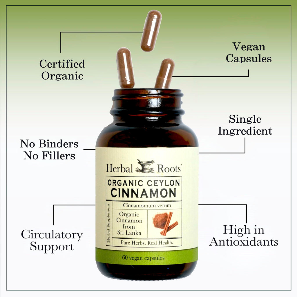 Discover Herbal Roots Ceylon Cinnamon Capsules, specially curated by Curat Cart for antioxidant support and circulatory health.