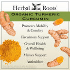Herbal Roots Organic Turmeric Capsules in official packaging, promoting mobility, comfort, and overall health. Available at Curat Cart.