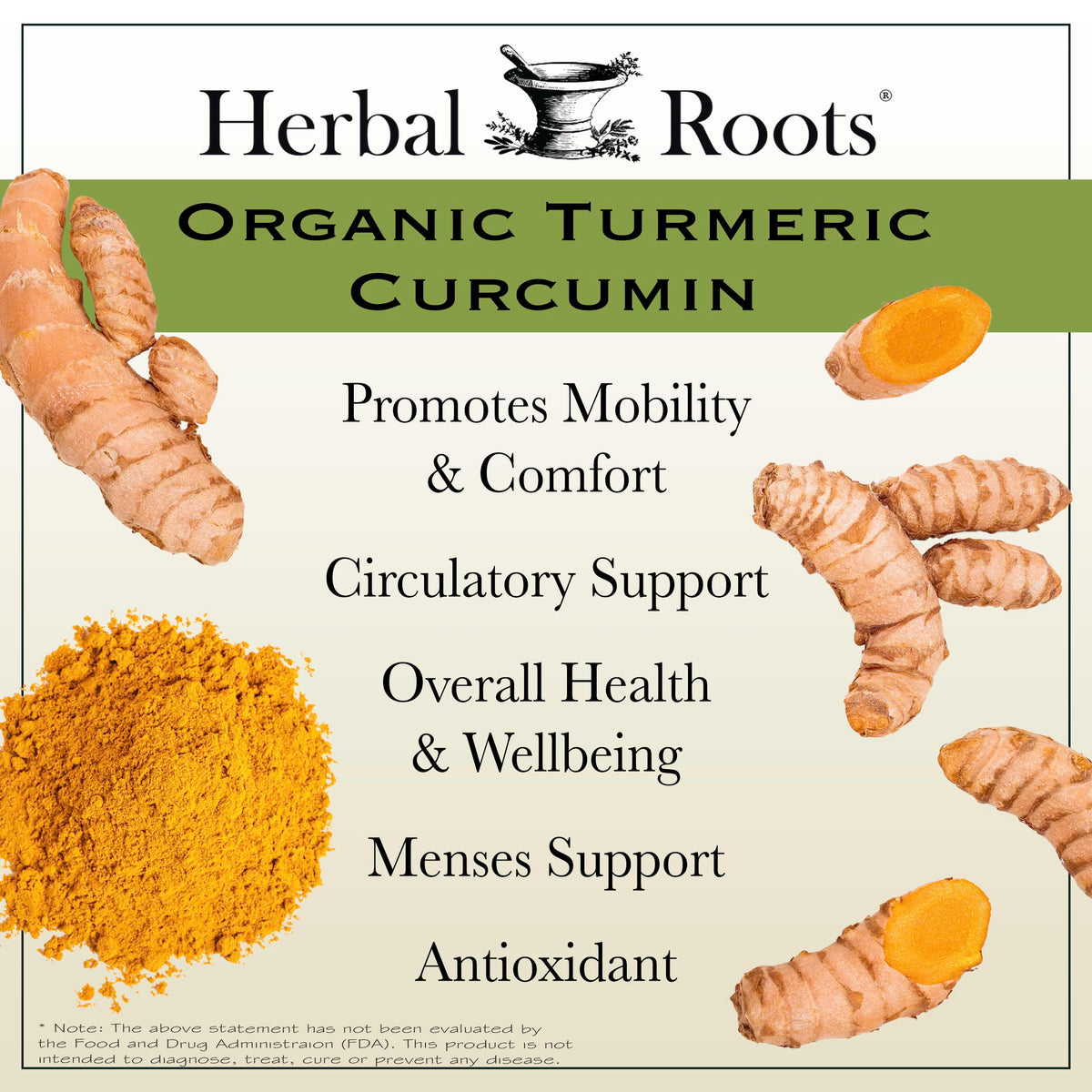 Herbal Roots Organic Turmeric Capsules in official packaging, promoting mobility, comfort, and overall health. Available at Curat Cart.